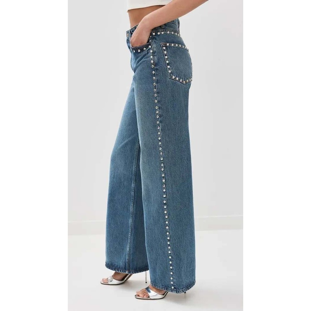 Reformation Cary High Rise Slouchy Wide Leg Studded Jeans Blue 26